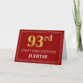 Elegant Faux Gold Kijk "93rd" Birthday, naam (rood Kaart (Voorkant)