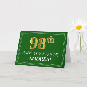 Elegant Faux Gold Kijk 98th Birthday, naam (groen) Kaart