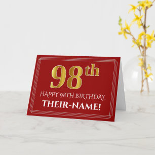 Elegant Faux Gold Kijk "98th" Birthday, naam (rood Kaart