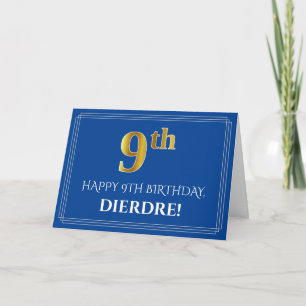 Elegant Faux Gold Kijk 9th Birthday, naam (blauw) Kaart