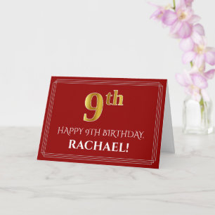 Elegant Faux Gold Kijk "9th" Birthday, naam (rood) Kaart