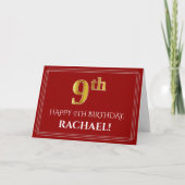 Elegant Faux Gold Kijk "9th" Birthday, naam (rood) Kaart (Voorkant)