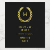 Elegant Faux Gold Laurel Wreaton Black | Weddensch Wijn Etiket (Enkel label)
