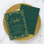 Elegant Faux Gold Leaves 80th Birthday Kaart<br><div class="desc">Elegant 80th Birthday Party-uitnodiging met een rand van bladeren en het woord "80" in faux goud tegen een groene achtergrond. De kaart omvat een passende groene achterkant. Pas het aan door de placeholder tekst te vervangen om uw informatie toe te voegen. Klik voor meer opties op de knop Aanpassen. *Gelieve...</div>