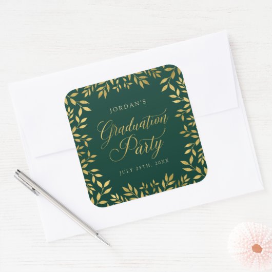 Elegant Faux Gold Leaves Gradusive Party Vierkante Sticker (Envelop)