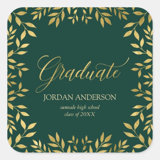 Elegant Faux Gold Leaves Green Afstuderen Vierkante Sticker (Voorkant)