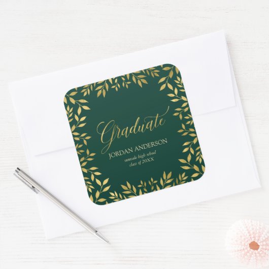 Elegant Faux Gold Leaves Green Afstuderen Vierkante Sticker (Envelop)