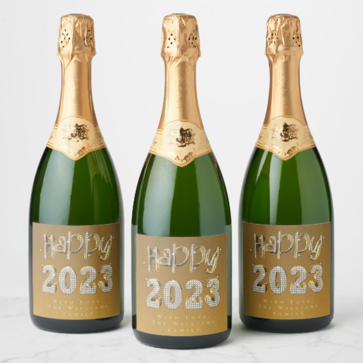 Elegant Faux Gold Lettering Happy Nieuwjaar 2023 Sparkling Wijnetiket (Flessen)