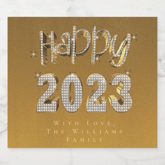 Elegant Faux Gold Lettering Happy Nieuwjaar 2023 Sparkling Wijnetiket (Enkel label)