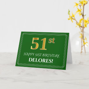 Elegant Faux Gold Look 51e verjaardag, naam (groen Kaart