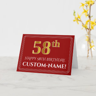 Elegant Faux Gold look "58th" Birthday, naam (rood Kaart