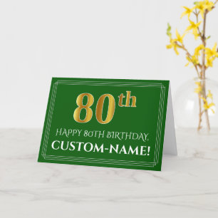 Elegant Faux Gold Look 80th Birthday, naam (groen) Kaart