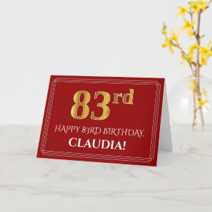 Elegant Faux Gold look "83rd" Birthday, naam (rood Kaart