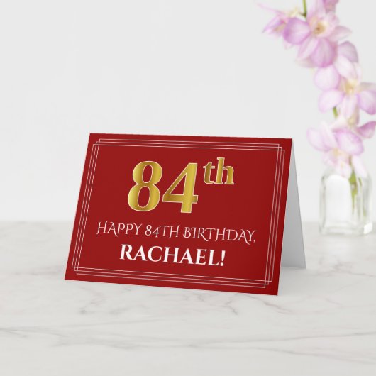 Elegant Faux Gold look "84th" Birthday, naam (rood Kaart (Orchidee)