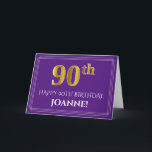 Elegant Faux Gold Look 90th Verjaardag, Naam; Paar Kaart<br><div class="desc">De voorkant van dit luxueuze en fancy wenskaart verjaardagspatroon heeft een groot ordinaal nummer "90th" met een faux/imitatie-gouden geïnspireerde look, de boodschap "HAPPY 90TH BIRTHDAY", een aangepaste naam van de ontvanger en een randpatroon bestaande uit dunne lijnen, op een paarse gekleurde achtergrond. De binnenkant bevat een aangepaste verjaardagsgroet, of kan...</div>