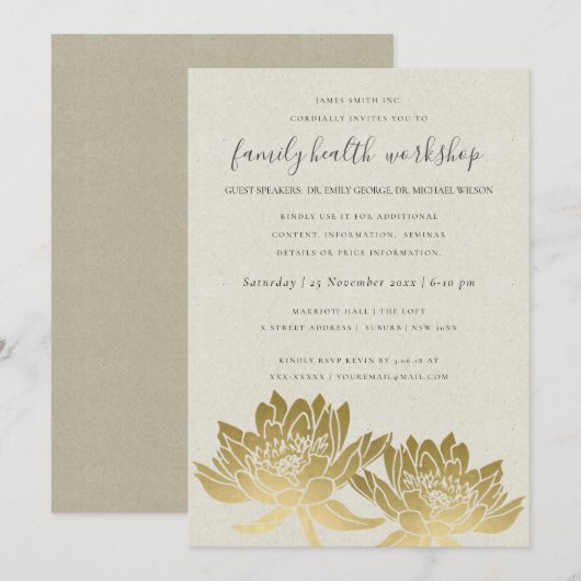 ELEGANT FAUX GOLD LOTUS KRAFT WORKSHOP EVENEMENT KAART (Voorkant / Achterkant)