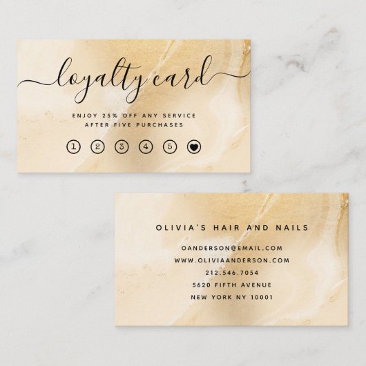 Elegant Faux Gold Marble en modern script Klantenkaartje (Voorkant / Achterkant)