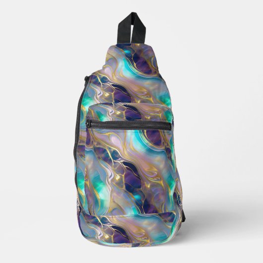 Elegant Faux Gold met Blauwgroen en Paarse Opal St Sling Bag (Voorkant)