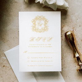 Elegant Faux Gold Monogram Crest Script Bruiloft RSVP Kaartje