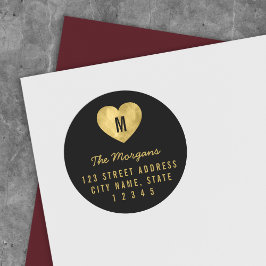Elegant Faux Gold Monogram Heart Family Address Ronde Sticker