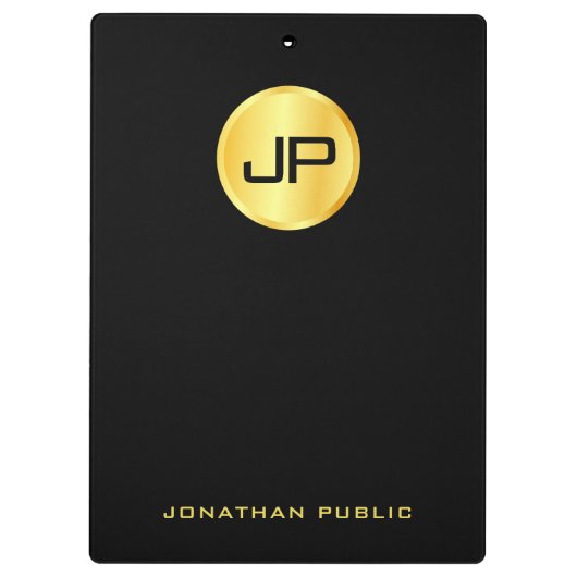 Elegant Faux Gold Monogram Modern Black Sjabloon Klembord (Achterkant)