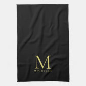 Elegant Faux Gold Monogram Naam Sjabloon Zwart Theedoek (Verticaal)