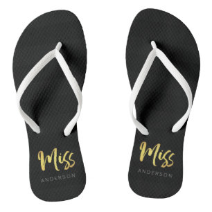 Elegant Faux Gold Name Miss Black Stripes Teenslippers