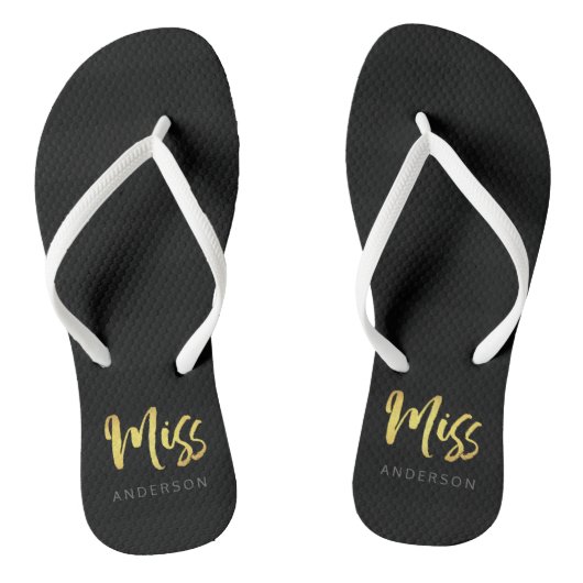 Elegant Faux Gold Name Miss Black Stripes Teenslippers (Voetbed)