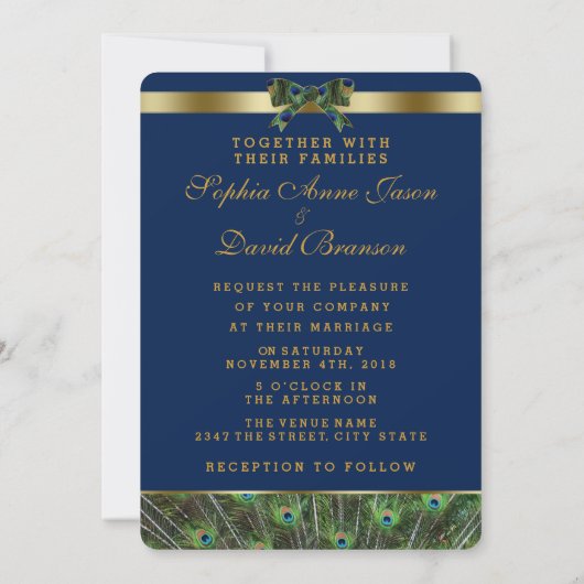 Elegant Faux Gold Peacock Weddenschap Monogram Kaart (Achterkant)