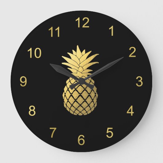 Elegant Faux Gold Pineappel op zwart Grote Klok (Voorkant)