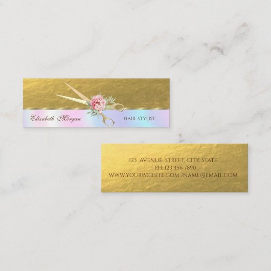 Elegant Faux Gold Scissors, Roos, holografisch Mini Visitekaartje (Voorkant / Achterkant)