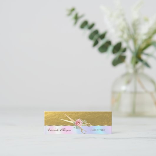 Elegant Faux Gold Scissors, Roos, holografisch Mini Visitekaartje (Staand voorkant)