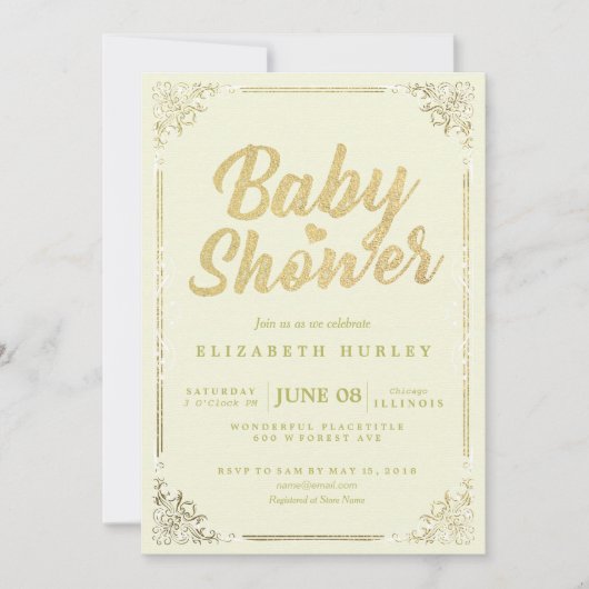 Elegant Faux Gold Script Floral Lijst Baby shower Kaart (Voorkant)