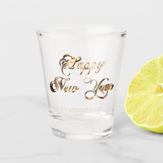 Elegant Faux Gold Script Happy Nieuwjaar Shot Glas (Voorkant)