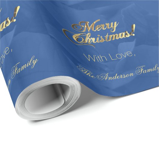 Elegant Faux Gold Script Merry Christmas Blue Cadeaupapier (Rol Hoek)