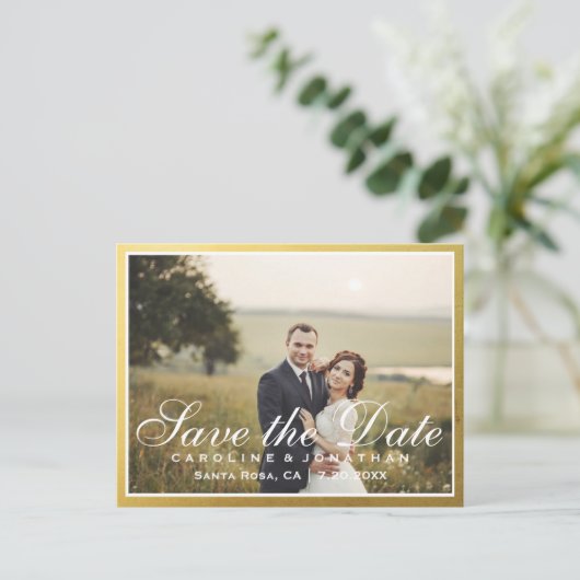 Elegant Faux Gold Script slaat de datum op met fot Aankondigingskaart (Staand voorkant)