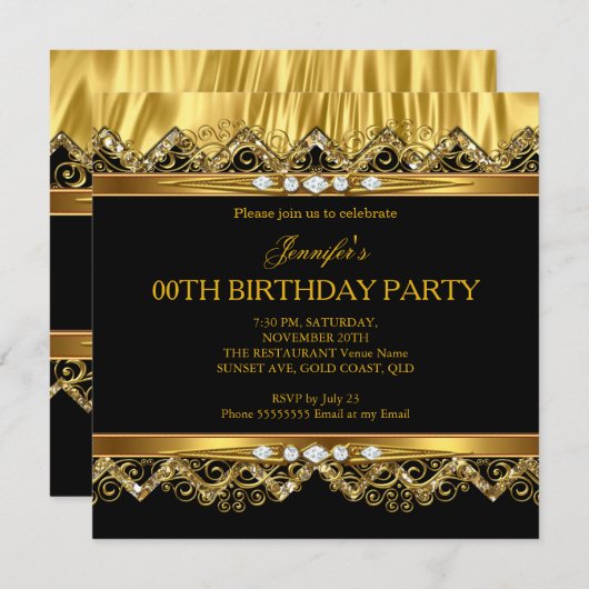 Elegant Faux Gold Silk Black Diamond Invitation Kaart (Voorkant / Achterkant)