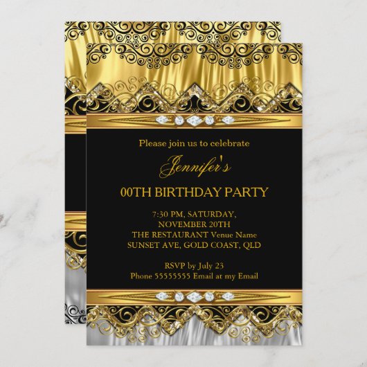 Elegant Faux Gold Silver Black Diamond Invitation Kaart (Voorkant / Achterkant)