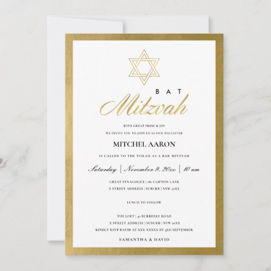 ELEGANT FAUX GOLD SIMPLE BAT BAR MITZVAH INVITE BEDANKKAART (Voorkant)