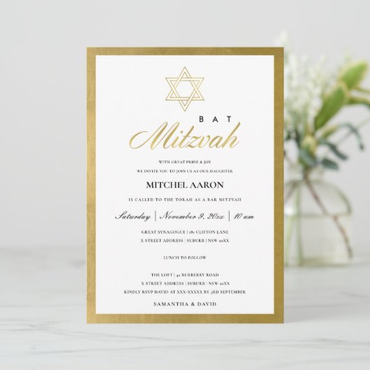 ELEGANT FAUX GOLD SIMPLE BAT BAR MITZVAH INVITE BEDANKKAART (Staand voorkant)
