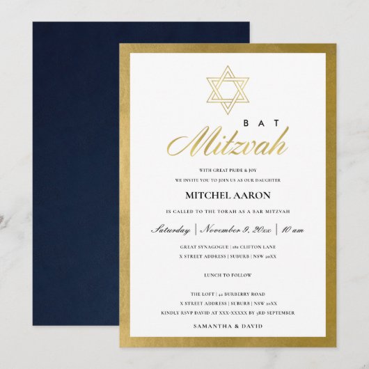 ELEGANT FAUX GOLD SIMPLE BAT BAR MITZVAH INVITE BEDANKKAART (Voorkant / Achterkant)