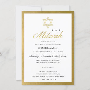 ELEGANT FAUX GOLD SIMPLE BAT BAR MITZVAH INVITE BEDANKKAART