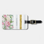 Elegant FAUX Gold Stripe met roze rozen en naam Bagagelabel (Voorkant horizontaal)