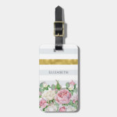 Elegant FAUX Gold Stripe met roze rozen en naam Bagagelabel (Voorkant verticaal)