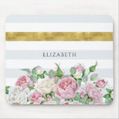 Elegant FAUX Gold Stripe met roze rozen en naam Muismat (Voorkant)