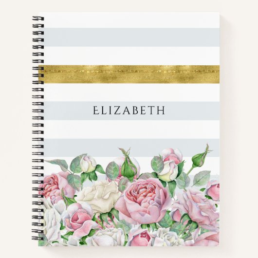 Elegant FAUX Gold Stripe met roze rozen en naam Notitieboek (Voorkant)