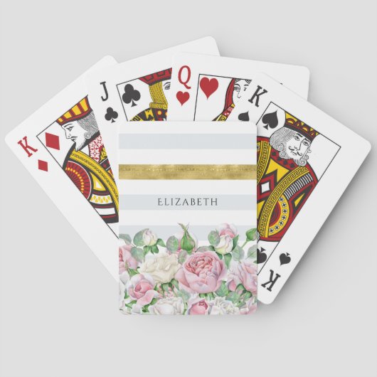 Elegant FAUX Gold Stripe met roze rozen en naam Pokerkaarten (Achterkant)