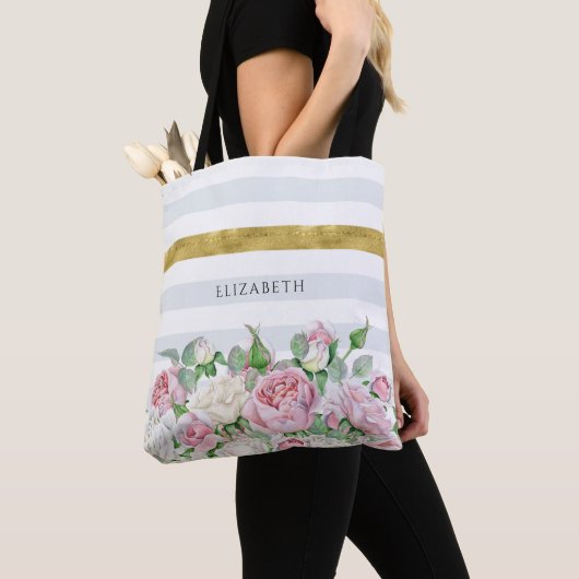 Elegant FAUX Gold Stripe met roze rozen en naam Tote Bag (Dichtbij)