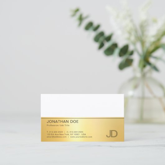 Elegant Faux Gold White Modern Monogram Sjabloon Visitekaartje (Staand voorkant)