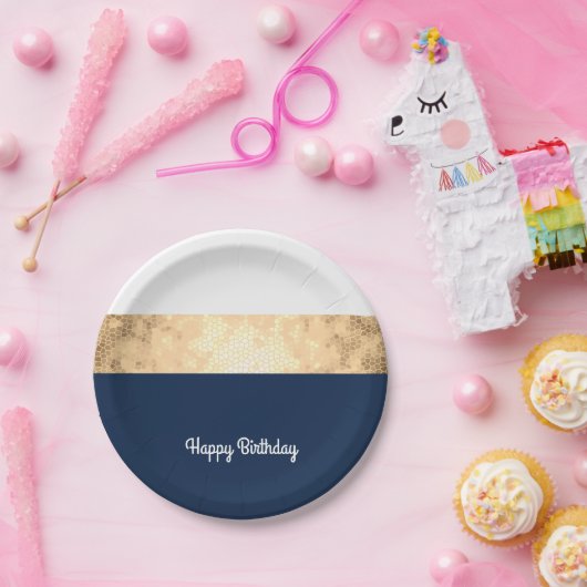 elegant faux goud, blauw van de marine, witte stre papieren bordje (Feest)